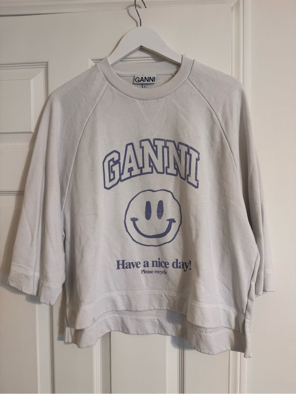 Ganni White Sweatshirt with Blue Graphic Smiley